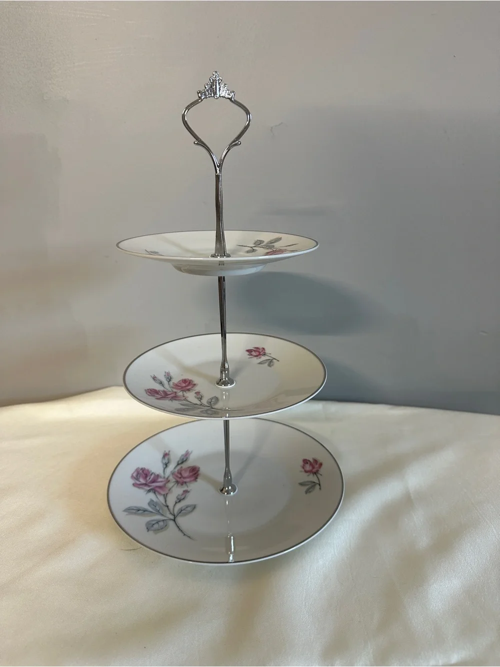 Porcelain 3-Tier Dessert Stand with Pink Rose Motif